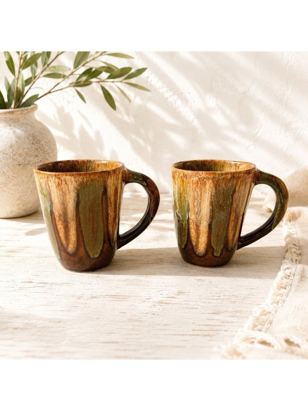 Vintage Dryden Drip Glaze Pottery Brown Mugs Set of 2 Artisan Cups Hot Springs